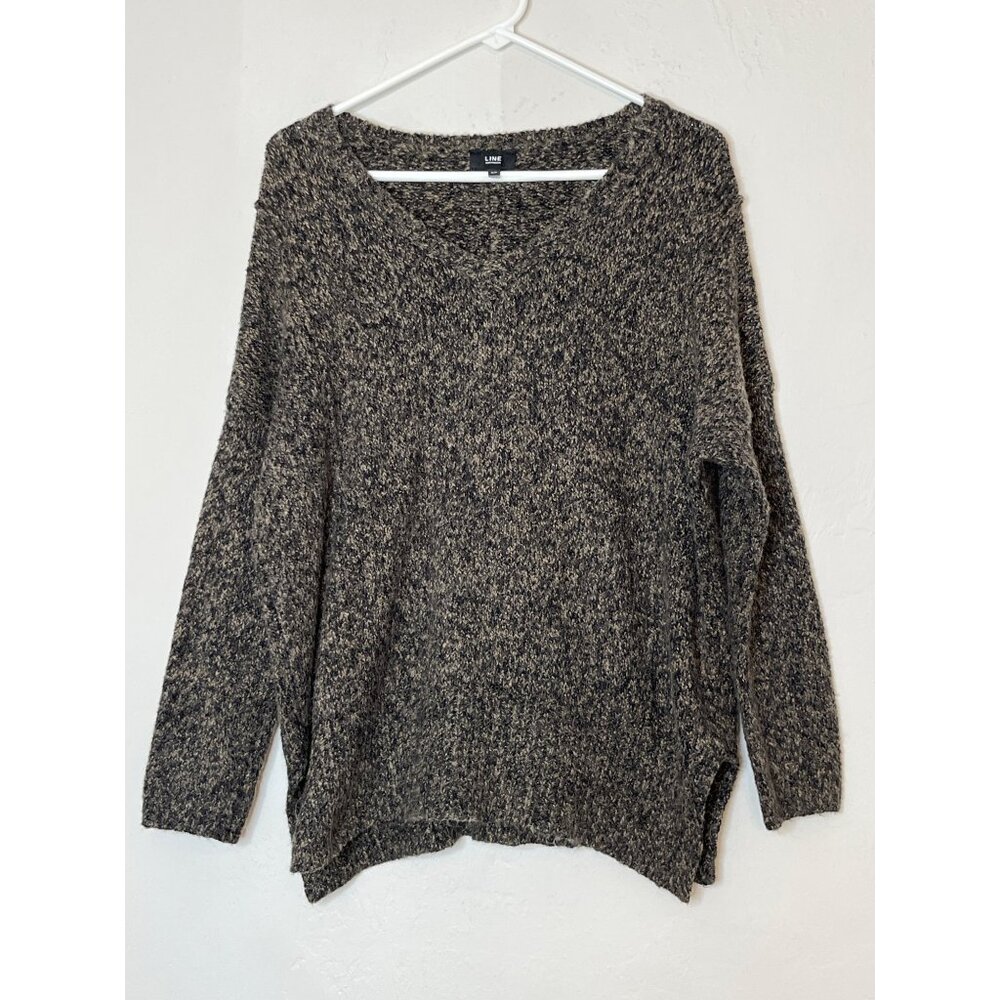 Line The Label Knit Cotton Alpaca Blend Sweater‎ Marled Black Brown V-Neck Small